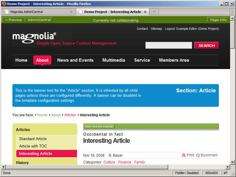A Magnolia CMS page in preview mode