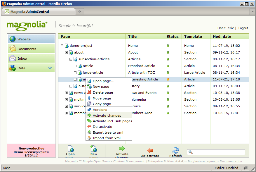 Page menu in Admin Central