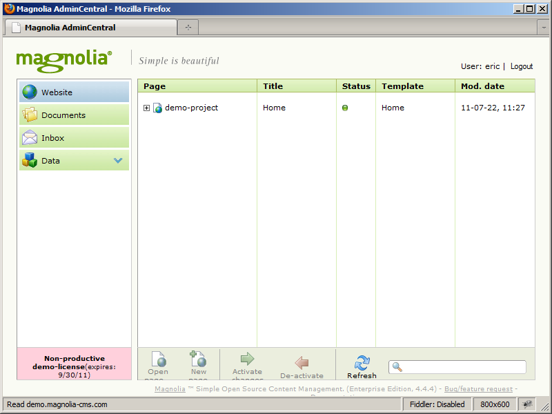 First view of Admin Central in Magnolia CMS
