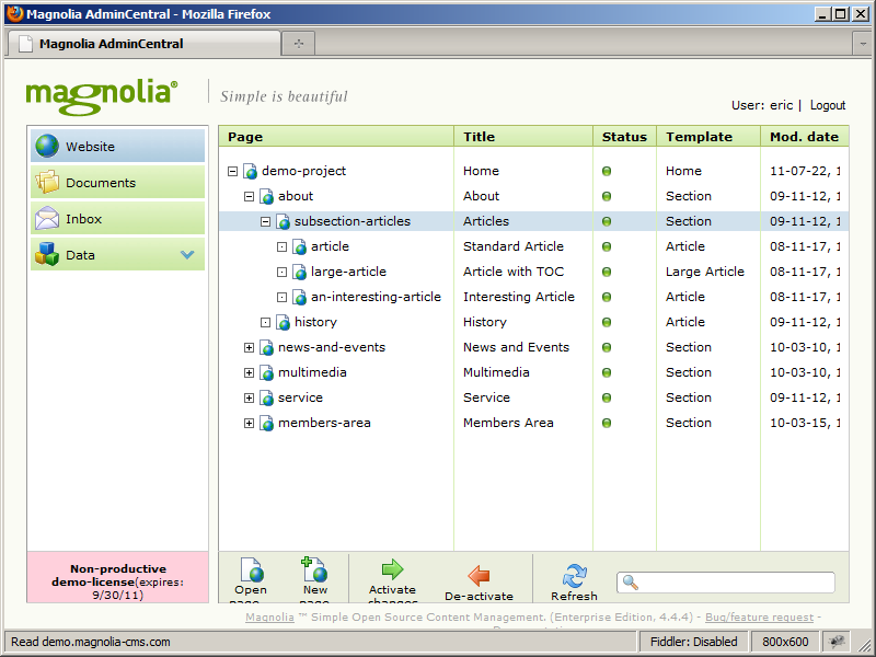 Expanded website tree in Admin Central