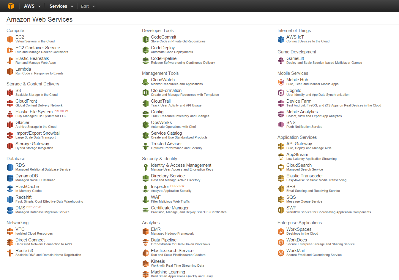 Amazon AWS console home with a list of all their services